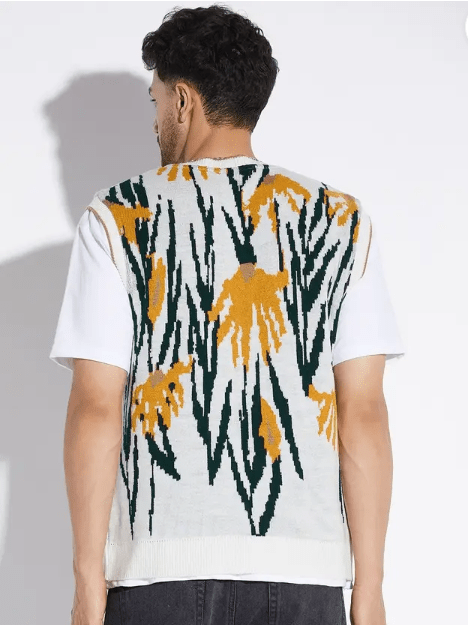White Printed Sleeveless Cardigan Sweaters Fugazee