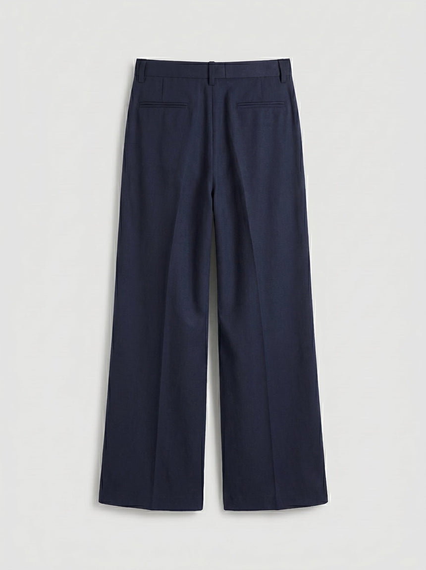 Navy Wide Leg Pleated Trousers Trousers Fugazee