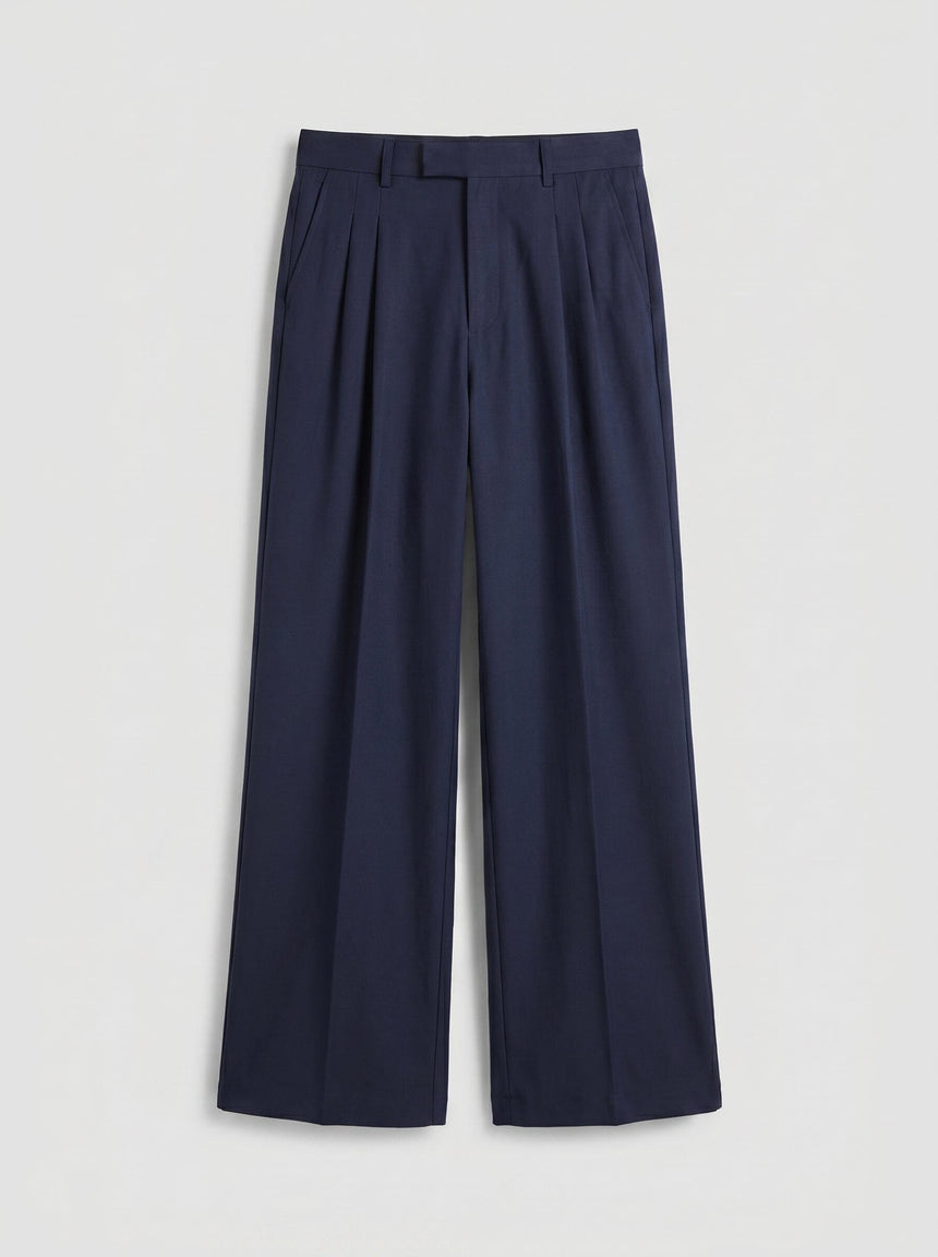 Navy Wide Leg Pleated Trousers Trousers Fugazee