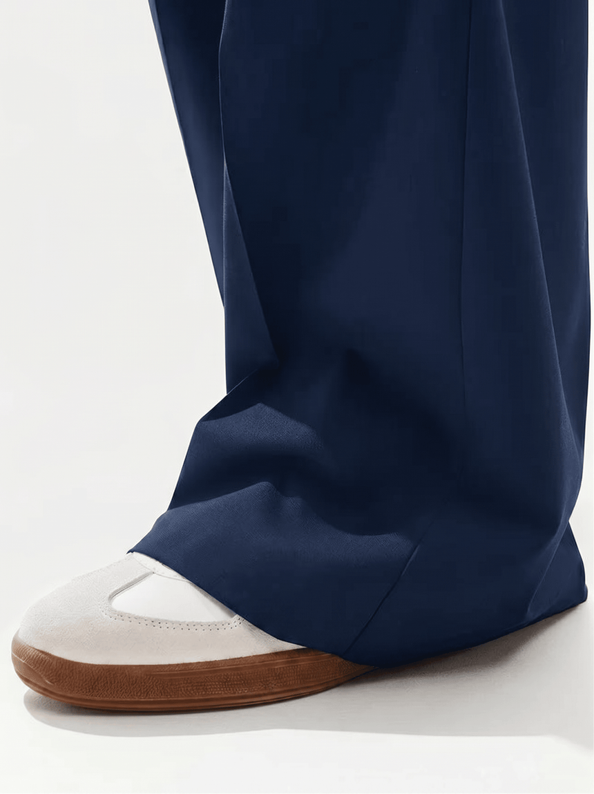 Navy Wide Leg Pleated Trousers Trousers Fugazee