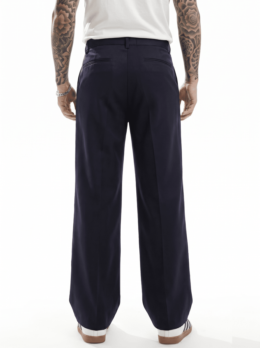 Navy Wide Leg Pleated Trousers Trousers Fugazee