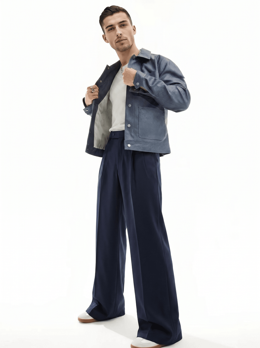 Navy Wide Leg Pleated Trousers Trousers Fugazee