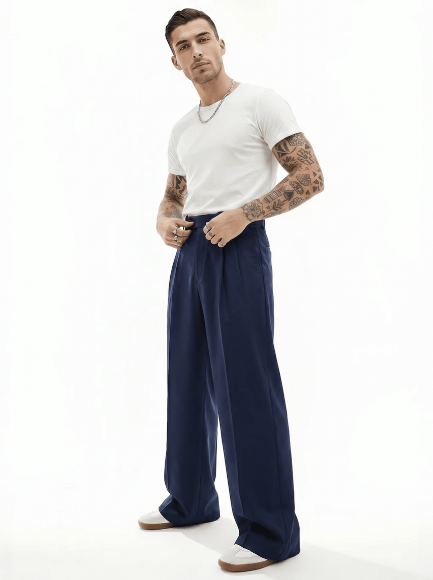Navy Wide Leg Pleated Trousers Trousers Fugazee