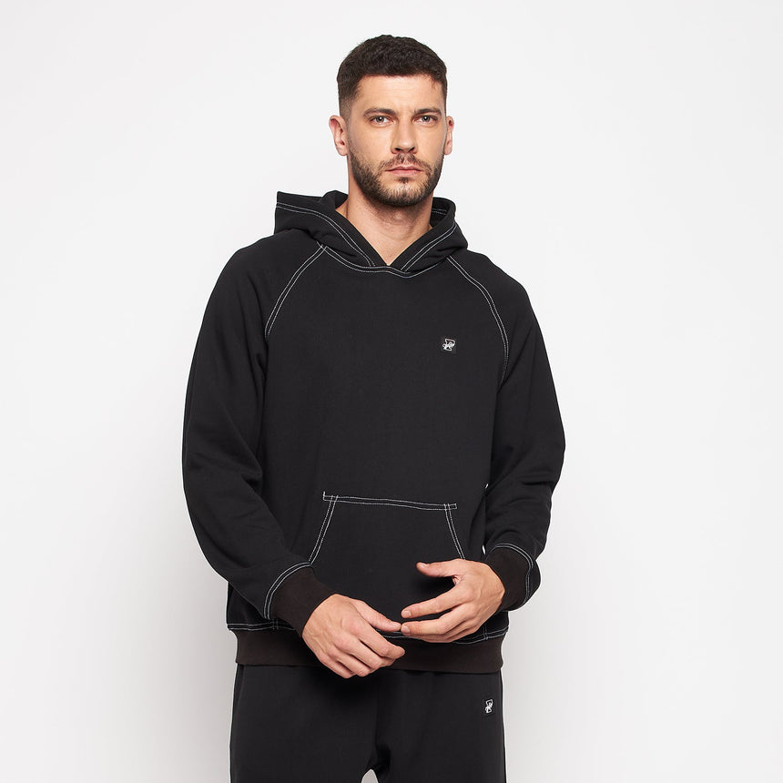 Black Oversized Contrast Stitch Hooded Sweatshirt Sweatshirts Fugazee