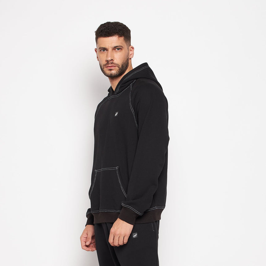 Black Oversized Contrast Stitch Hooded Sweatshirt Sweatshirts Fugazee