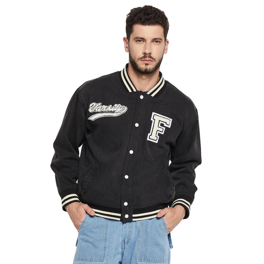 Grey Denim Varsity Jacket Jackets Fugazee