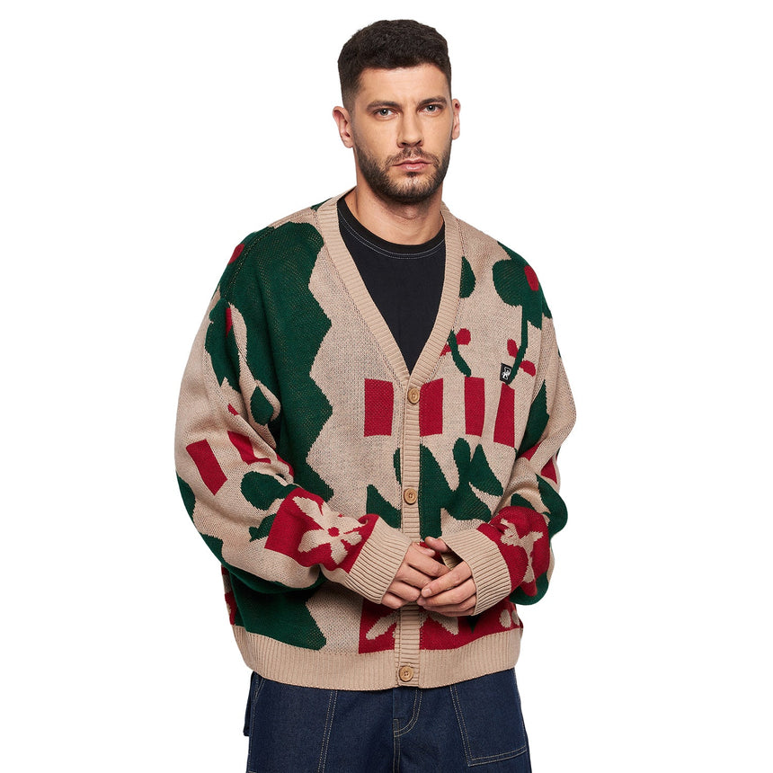 Beige Abstract Oversized Cardigan Sweaters Fugazee