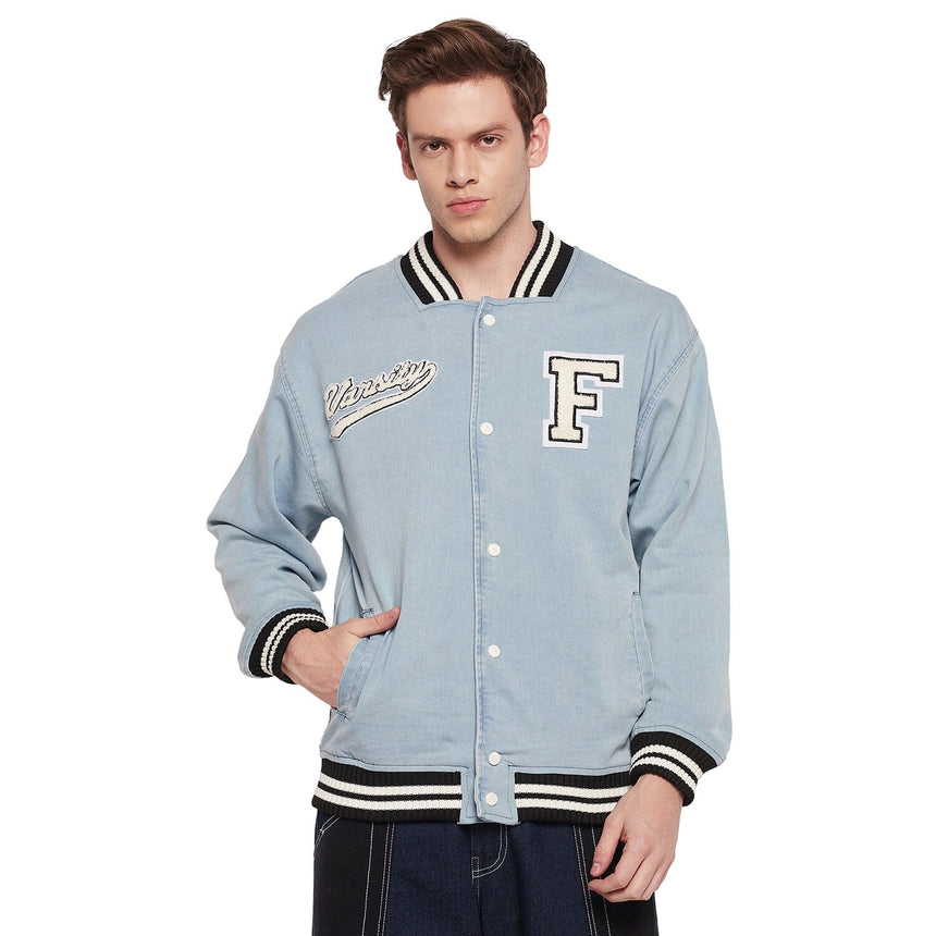 Blue Denim Varsity Jacket Jackets Fugazee