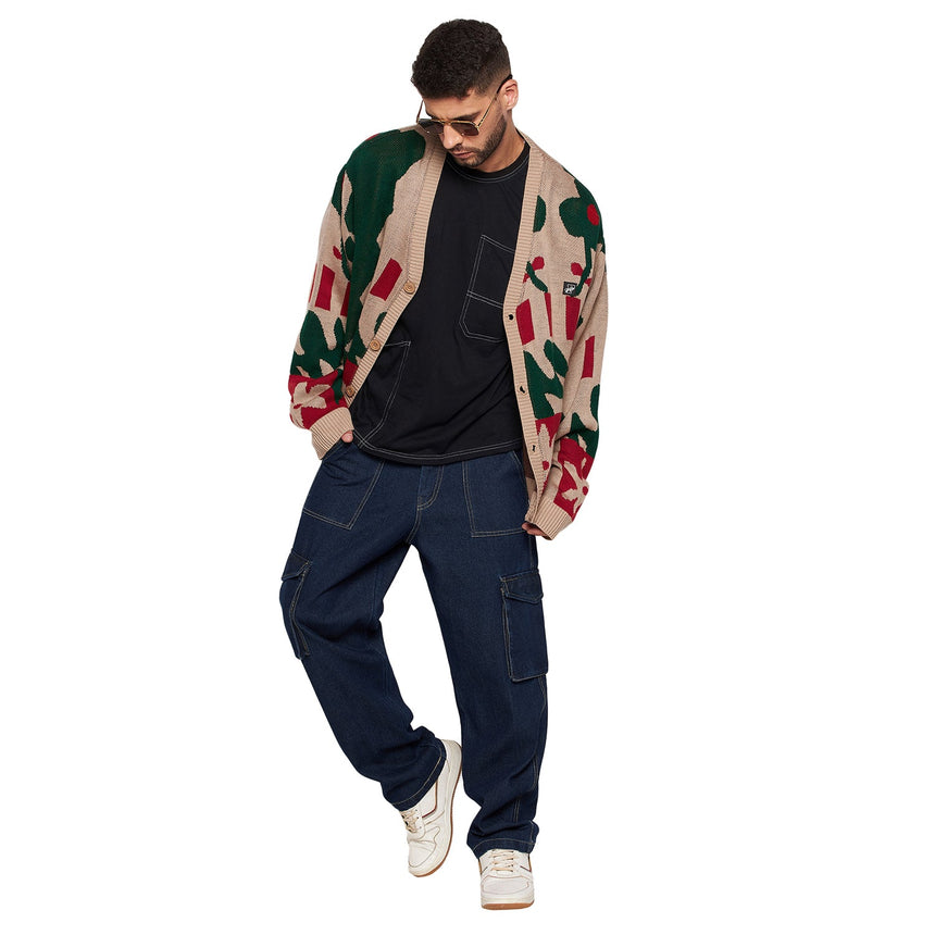 Beige Abstract Oversized Cardigan Sweaters Fugazee