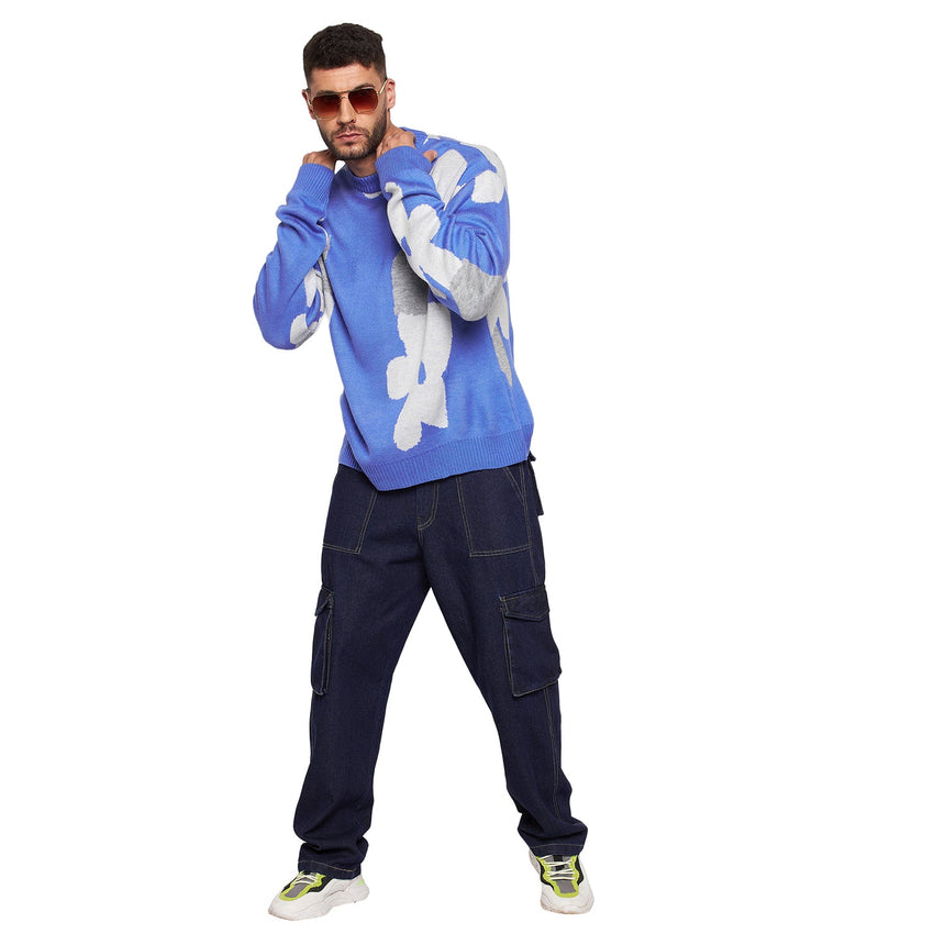 Sky Blue Floral Oversized Sweater Sweaters Fugazee