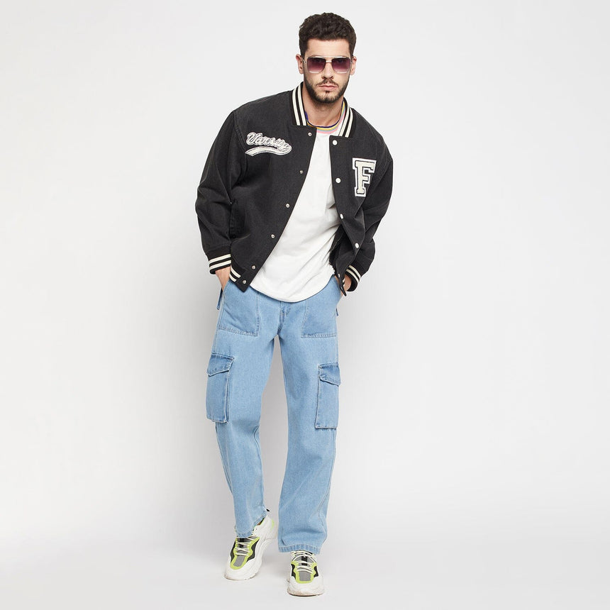 Grey Denim Varsity Jacket Jackets Fugazee