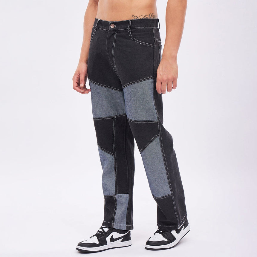 Black Reversed Cut-Sew Panel Denim Jeans Fugazee 