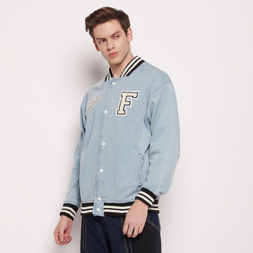 Blue Denim Varsity Jacket Jackets Fugazee