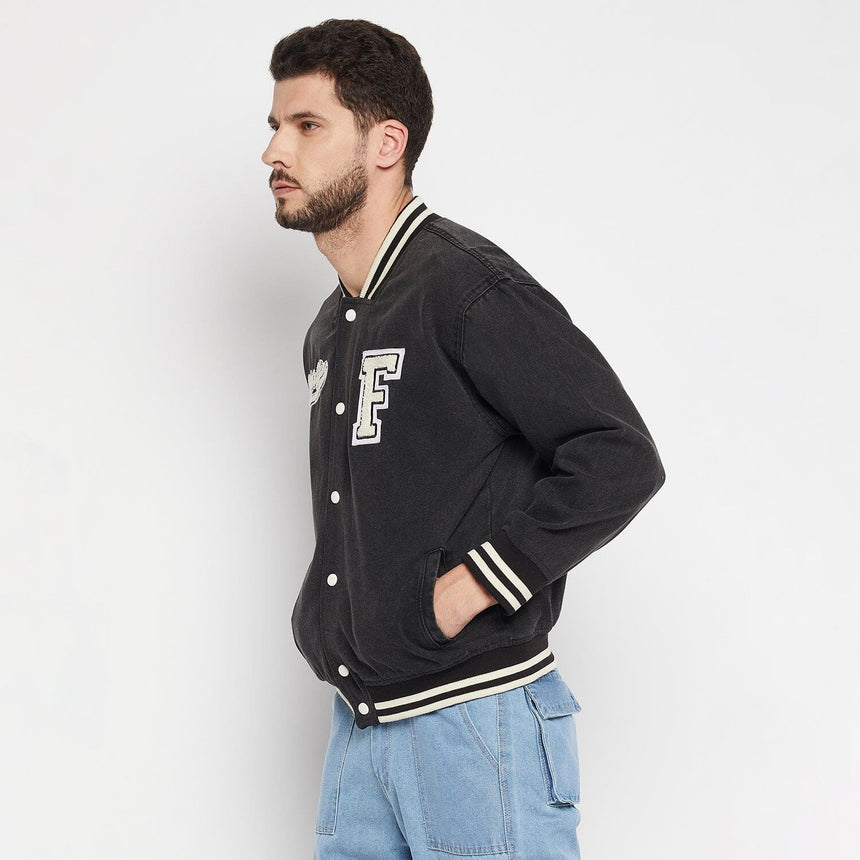 Grey Denim Varsity Jacket Jackets Fugazee