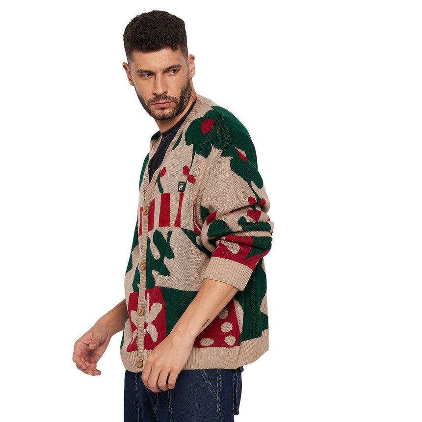 Beige Abstract Oversized Cardigan Sweaters Fugazee