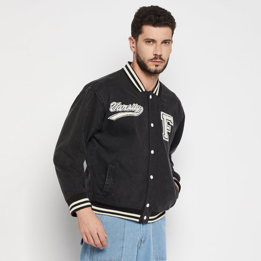 Grey Denim Varsity Jacket Jackets Fugazee