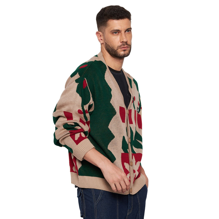 Beige Abstract Oversized Cardigan Sweaters Fugazee