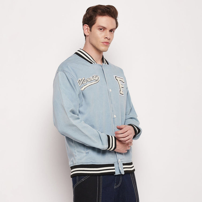 Blue Denim Varsity Jacket Jackets Fugazee