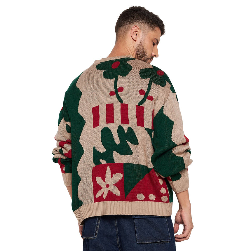 Beige Abstract Oversized Cardigan Sweaters Fugazee