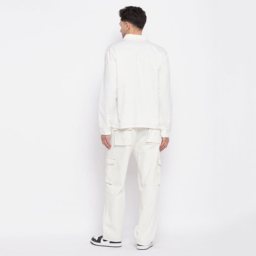 White Contrast Stich Carpenter Shirt & Cargo Pants Clothing Set Clothing Set Fugazee 