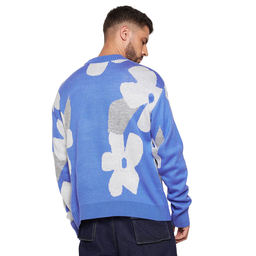 Sky Blue Floral Oversized Sweater Sweaters Fugazee