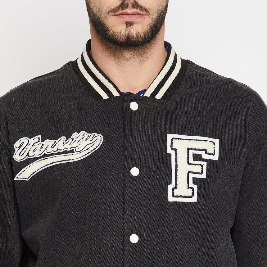 Grey Denim Varsity Jacket Jackets Fugazee
