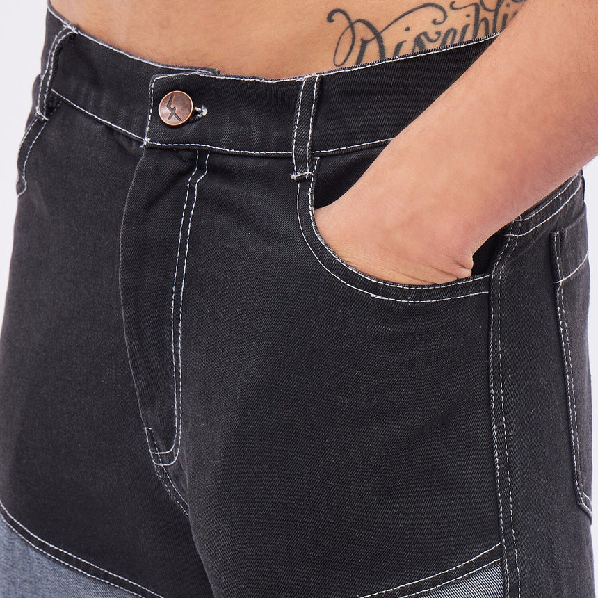 Black Reversed Cut-Sew Panel Denim Jeans Fugazee 