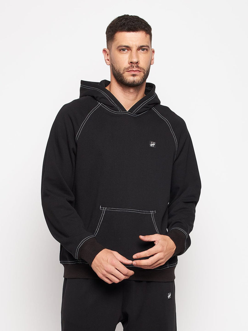 Black Oversized Contrast Stitch Hooded Sweatshirt Sweatshirts Fugazee 