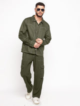 Olive Contrast Stitch Shirt and Cargo Pants Clothing Set