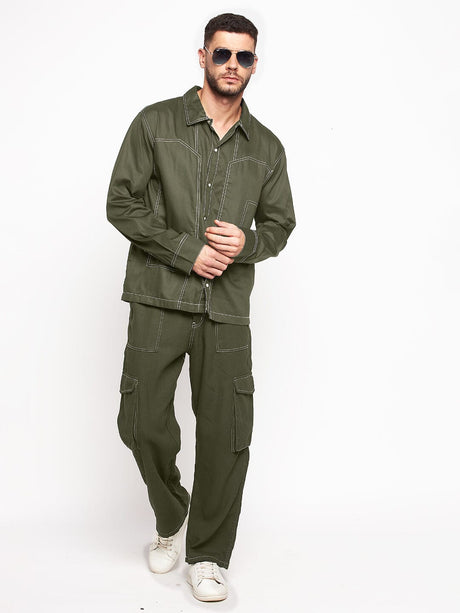 Olive Contrast Stitch Shirt and Cargo Pants Clothing Set Clothing Set Fugazee 