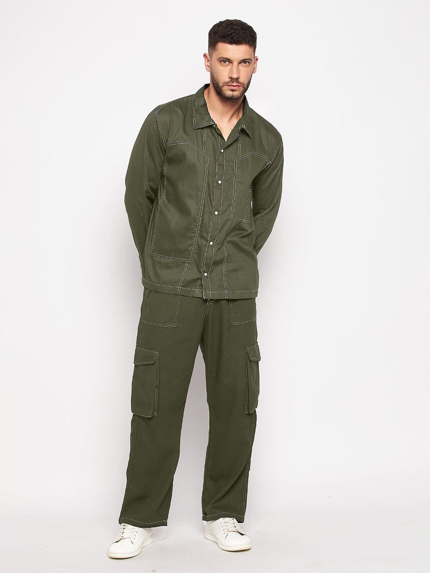 Olive Contrast Stitch Shirt and Cargo Pants Clothing Set