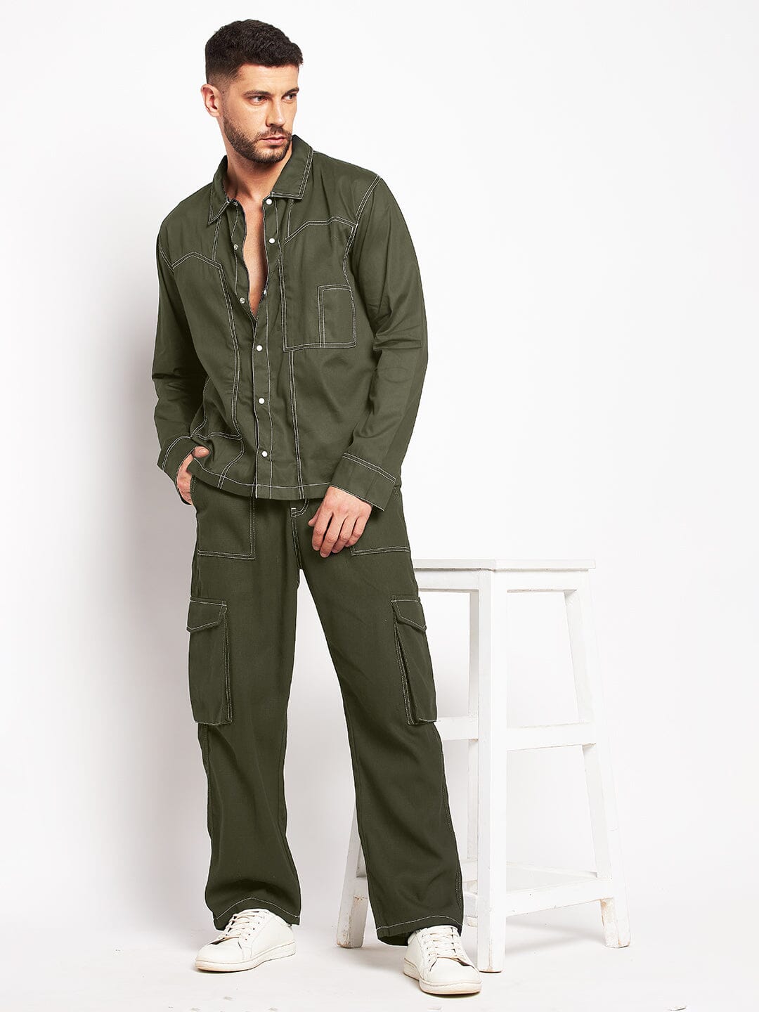 Dusty Olive Wide Leg Cargo Pants with White Stitching | Lime Lush