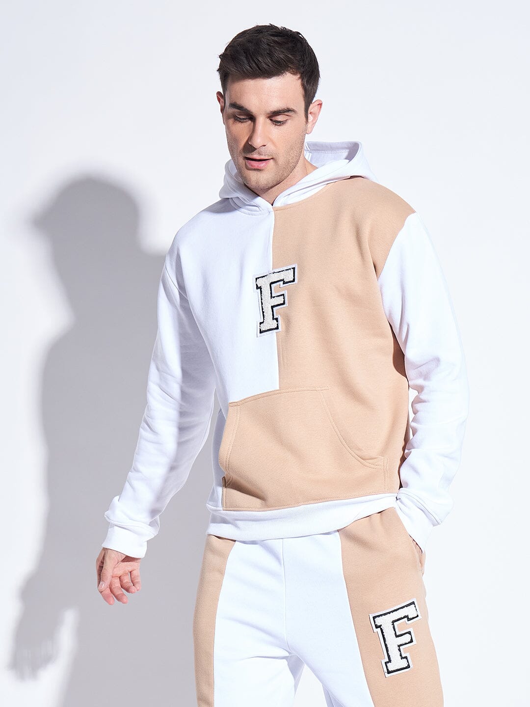 White Beige Cut Sew Hooded Sweatshirt