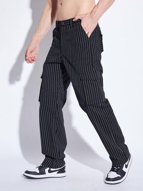Black Pin Striped Cargo Pants Trousers Fugazee 