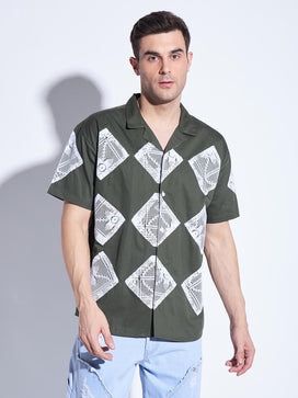 Olive Lace Patched Cuban Shirt