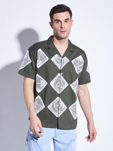 Olive Lace Patched Cuban Shirt