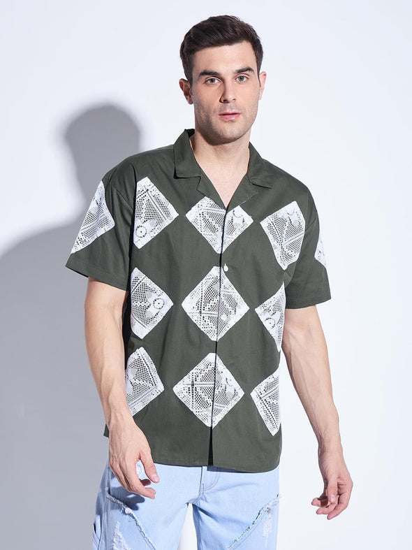 Olive Lace Patched Cuban Shirt