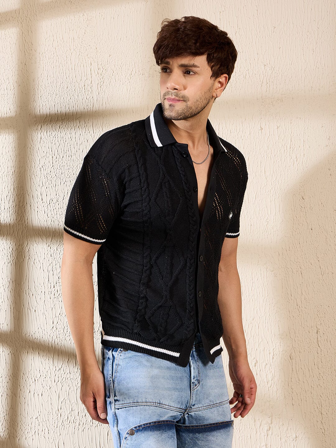 Black Cabel Knit Crochet Shirt | Buy Men Shirts | Fugazee – FUGAZEE