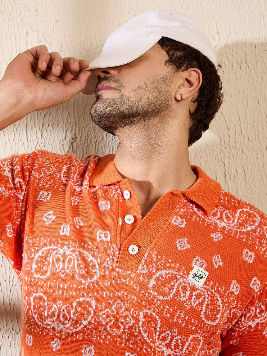 Orange Paisley Knitted Polo Tshirt T-shirts Fugazee 