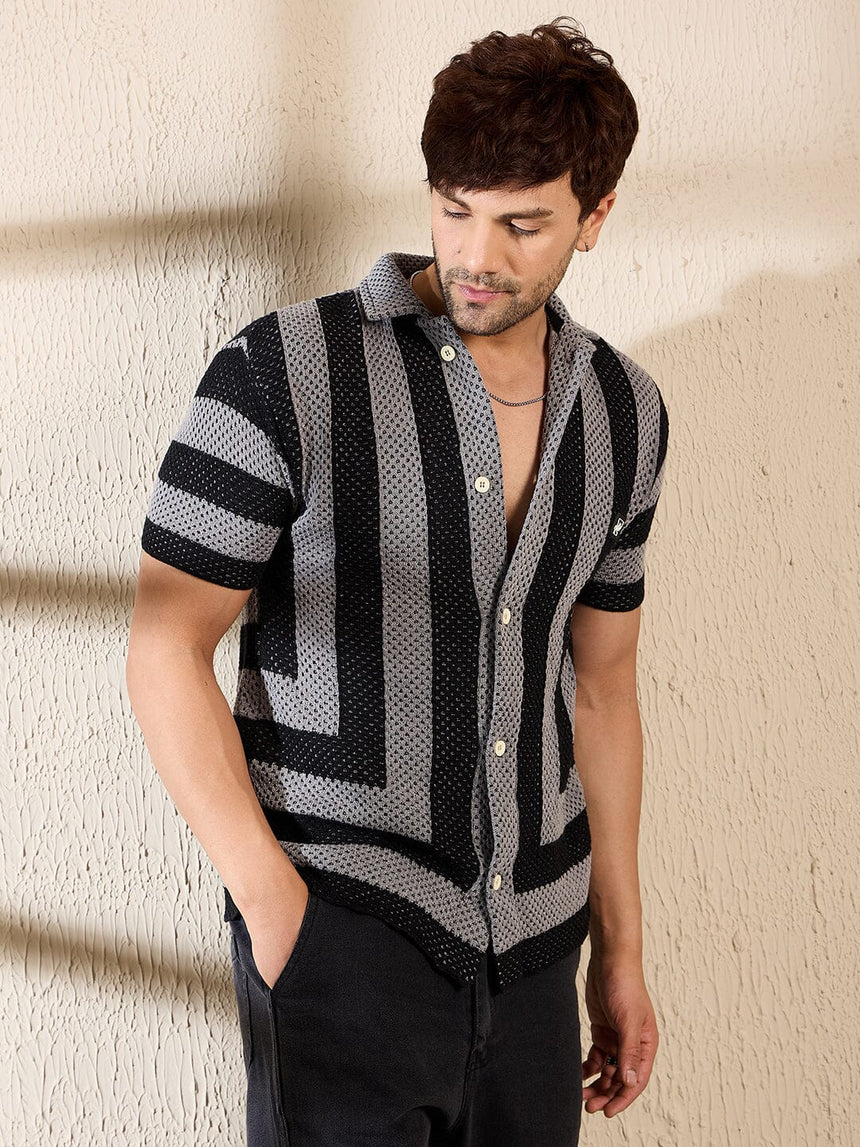 Grey & Black Striped Crotchet Knitted Shirt Shirts Fugazee 
