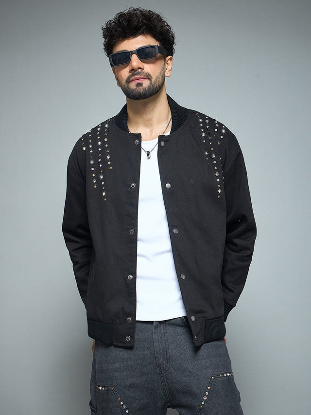 Black Twill Studded Bomber Jacket Jackets Fugazee 
