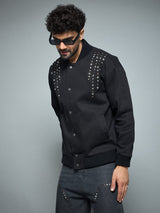 Black Twill Studded Bomber Jacket Jackets Fugazee 