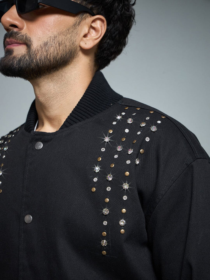 Black Twill Studded Bomber Jacket Jackets Fugazee 