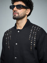 Black Twill Studded Bomber Jacket Jackets Fugazee 