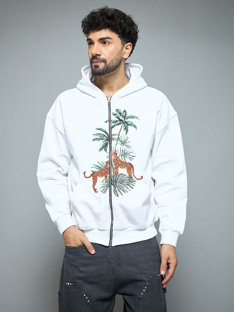 White Tropical Tiger Embroidery Hoodie Sweatshirts Fugazee 