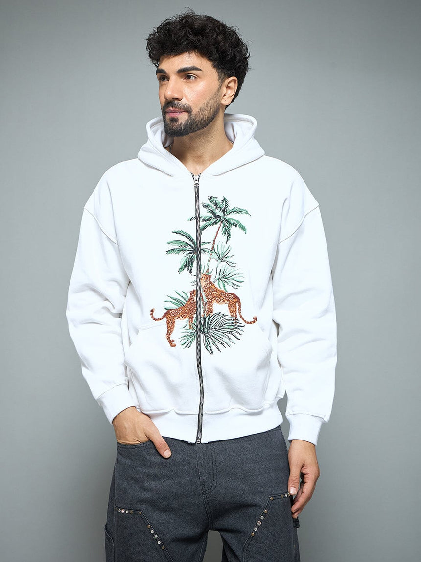 White Tropical Tiger Embroidery Hoodie Sweatshirts Fugazee 