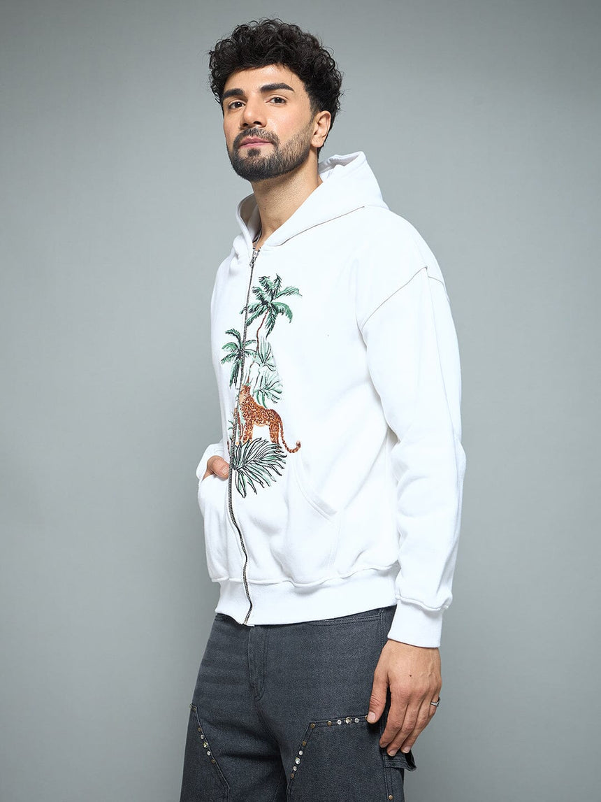 White Tropical Tiger Embroidery Hoodie Sweatshirts Fugazee 