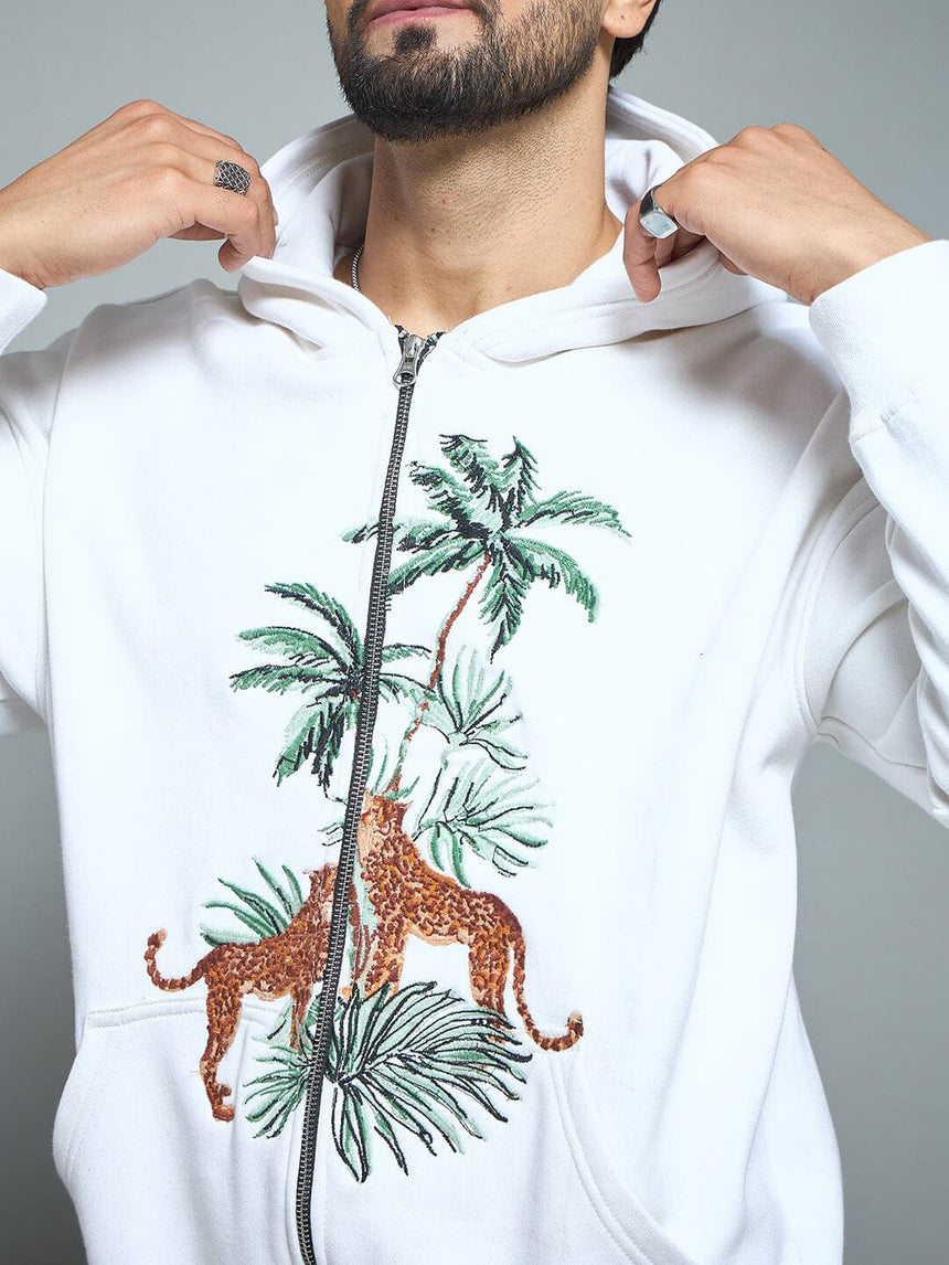 White Tropical Tiger Embroidery Hoodie Sweatshirts Fugazee 