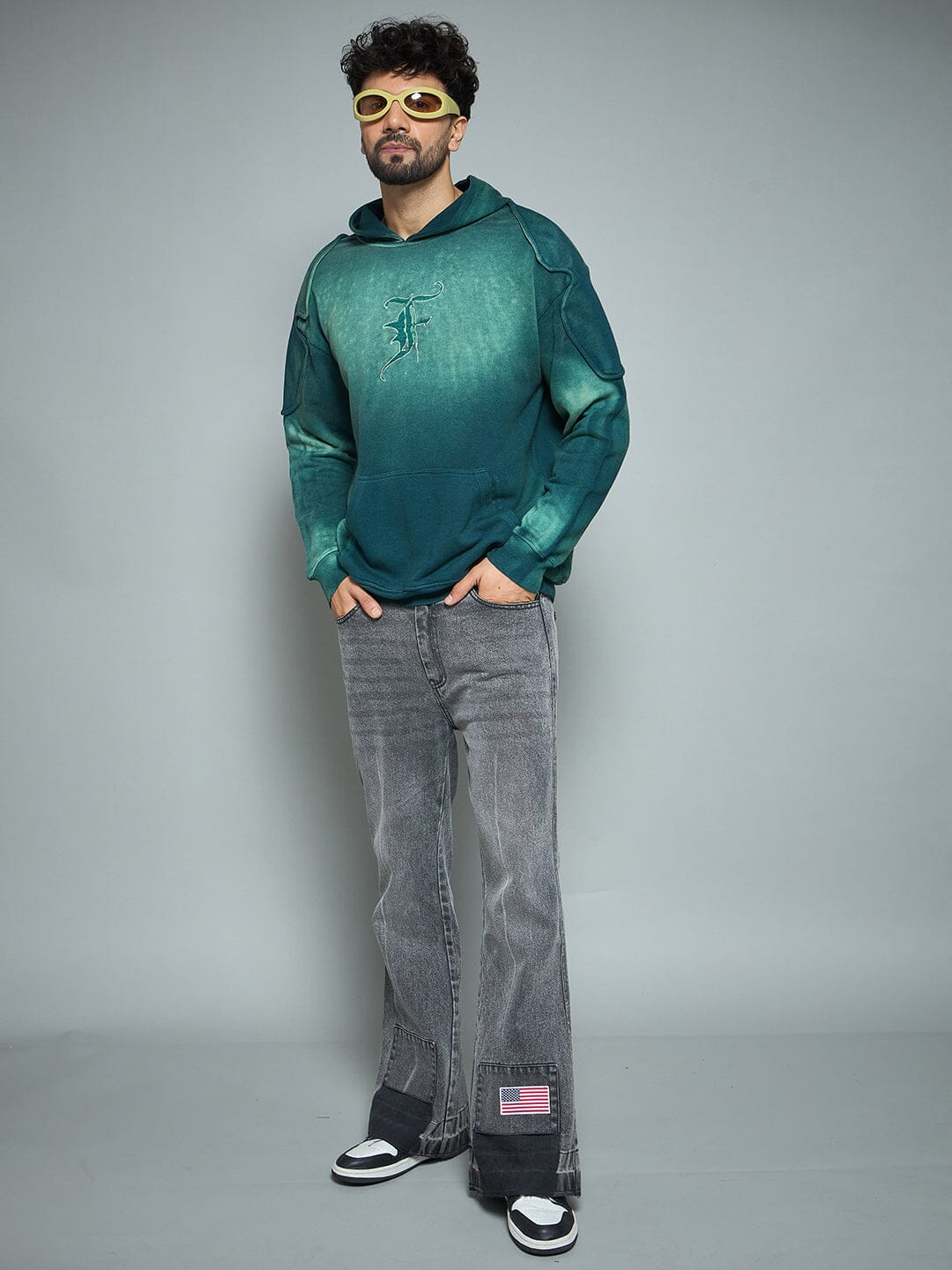 Bottle Green Sun Fade Shoulder Pad Hoodie | Buy Mens Sweatshirt