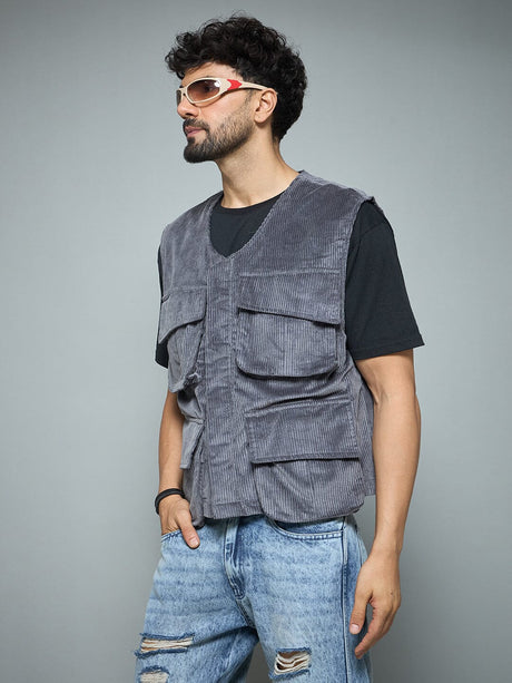 Grey Corduroy Sleeveless Gilet Jackets Fugazee 